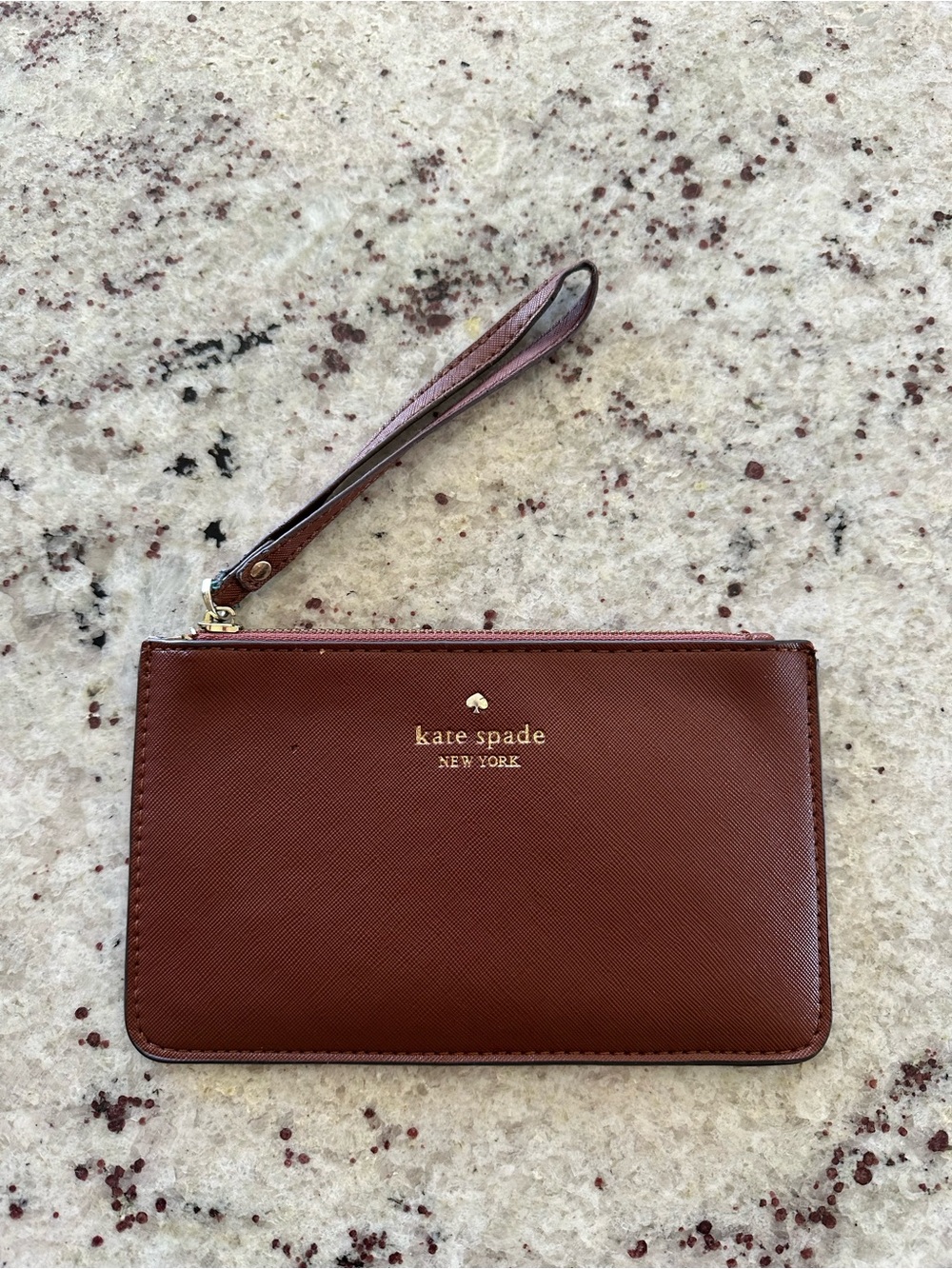 Kate Spade New York Brown Tan Genuine Saffiano Leather Wristlet Wallet Boho Chic